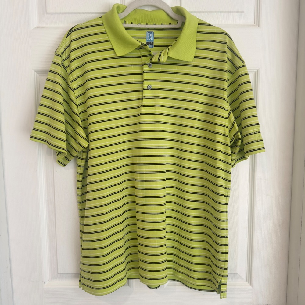 PGA Tour Mens Lime Green Striped Short Sleeve Golf Polo Shirt Large RN37763